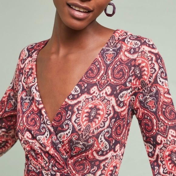 Anthro Belted Paisley Fit & Flare Knit Dress - Picture 2 of 16